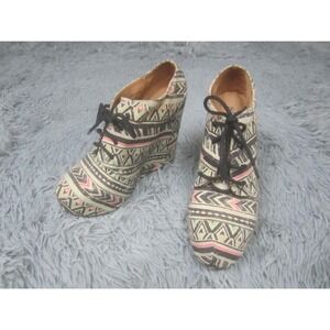 SHI By Journeys Booties Womens Size 8 Multicolor Tribal Wedge Shoes Lace Ankle